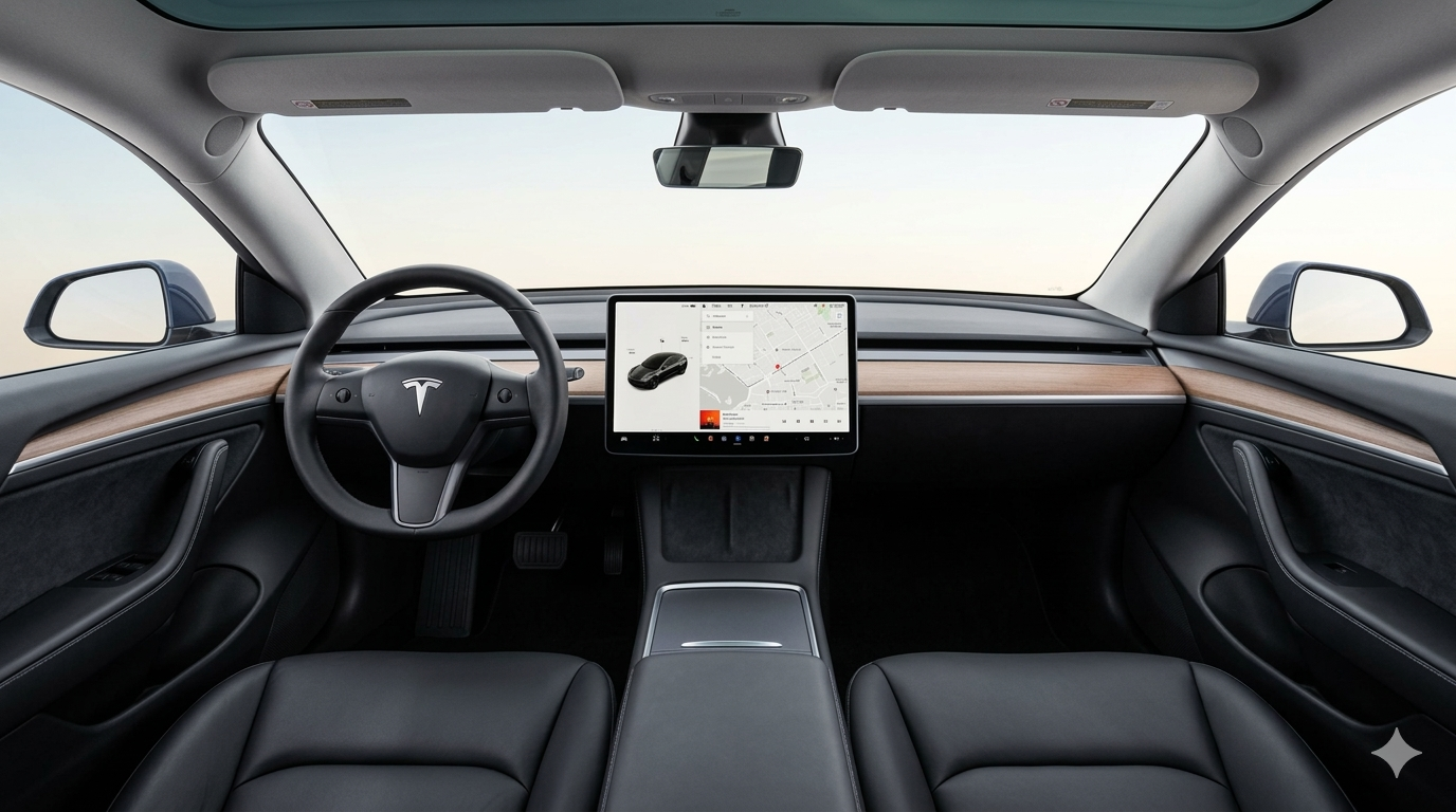 Tesla Model Y front dashboard with large 15-inch touchscreen and minimalist interior