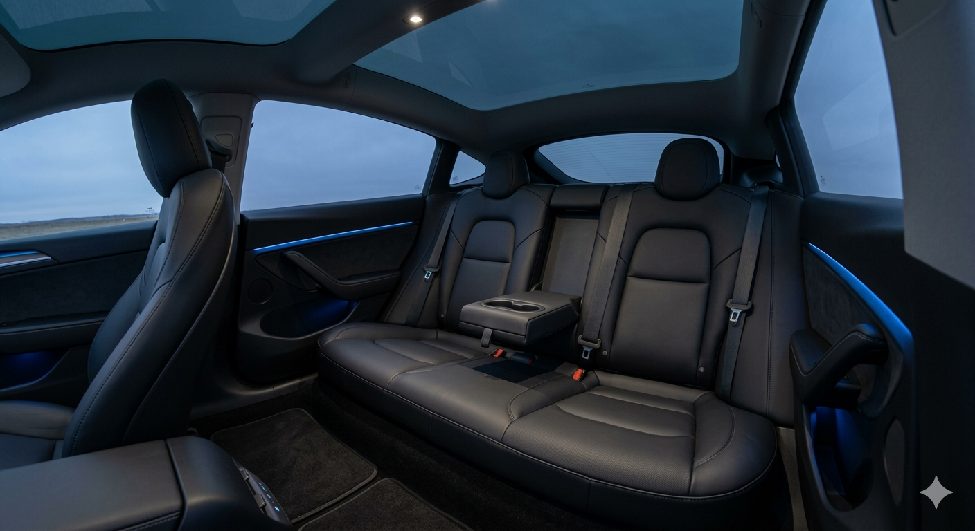 Spacious rear passenger cabin of the Tesla Model Y with premium black leather seats and panoramic glass roof