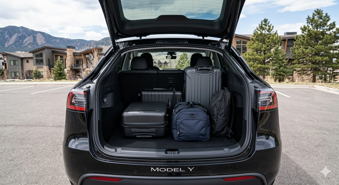 Tesla Model Y open trunk loaded with luggage, with Boulder Colorado Flatirons visible in background